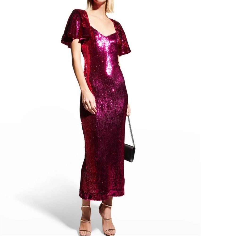 Badgley Mischka Cerise Midi Stretch Sequin Capelet Cocktail Dress Fuchsia Pink 4